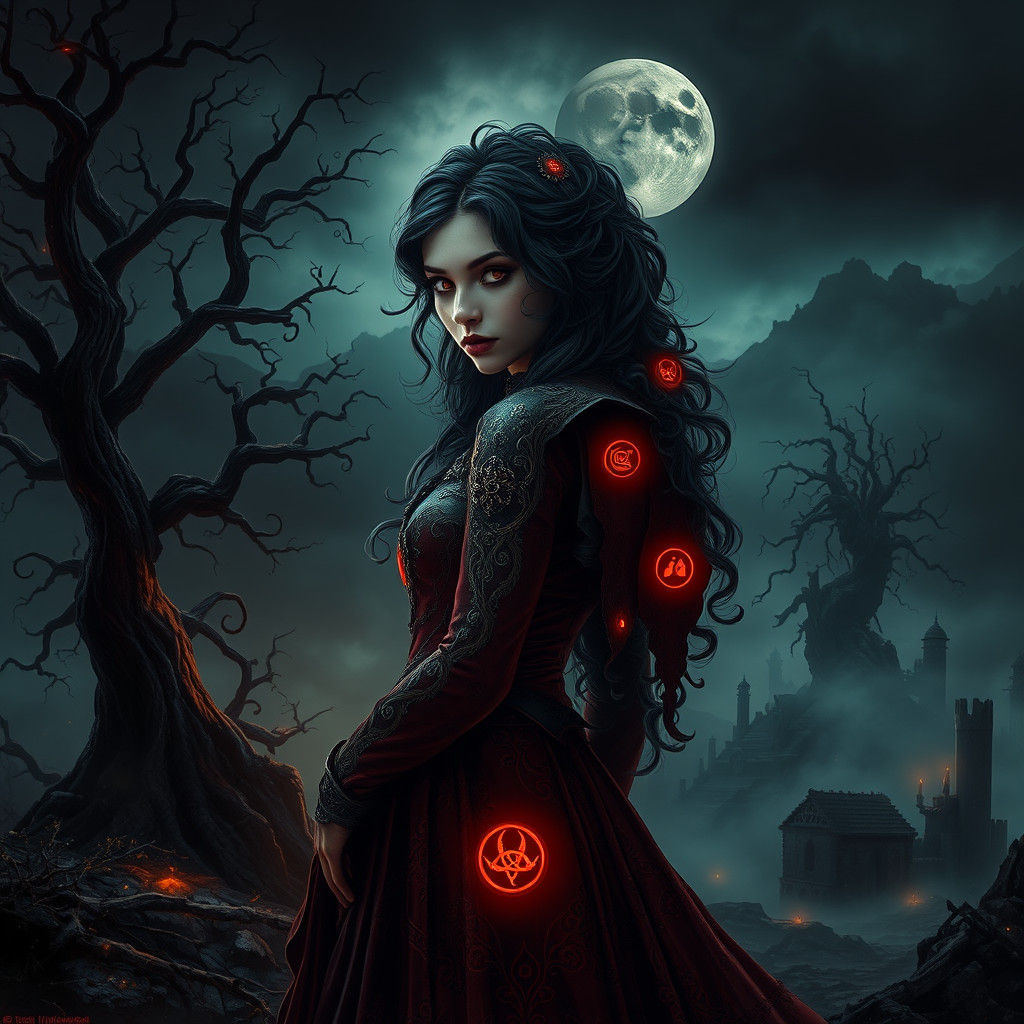 Gothic Lady in Mystical Landscape, Eerie Glow