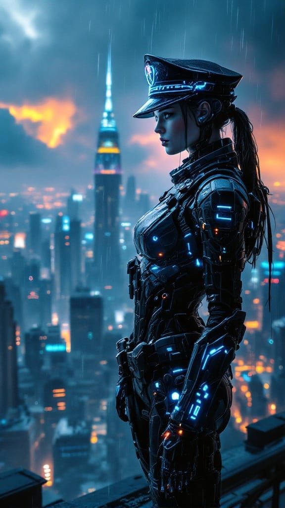 Cybernetic Lawkeeper of the Neon Wasteland in Futuristic Dys...
