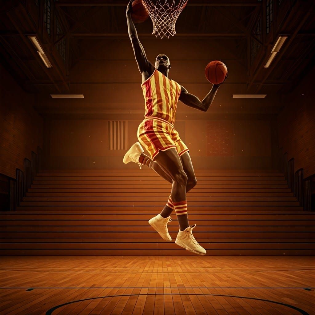 Vintage Basketball Star Soars Through Nostalgic Gymnasium Sc...