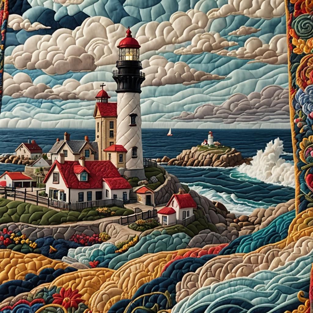 Quilted Lighthouse Scene with Embroidery and Village