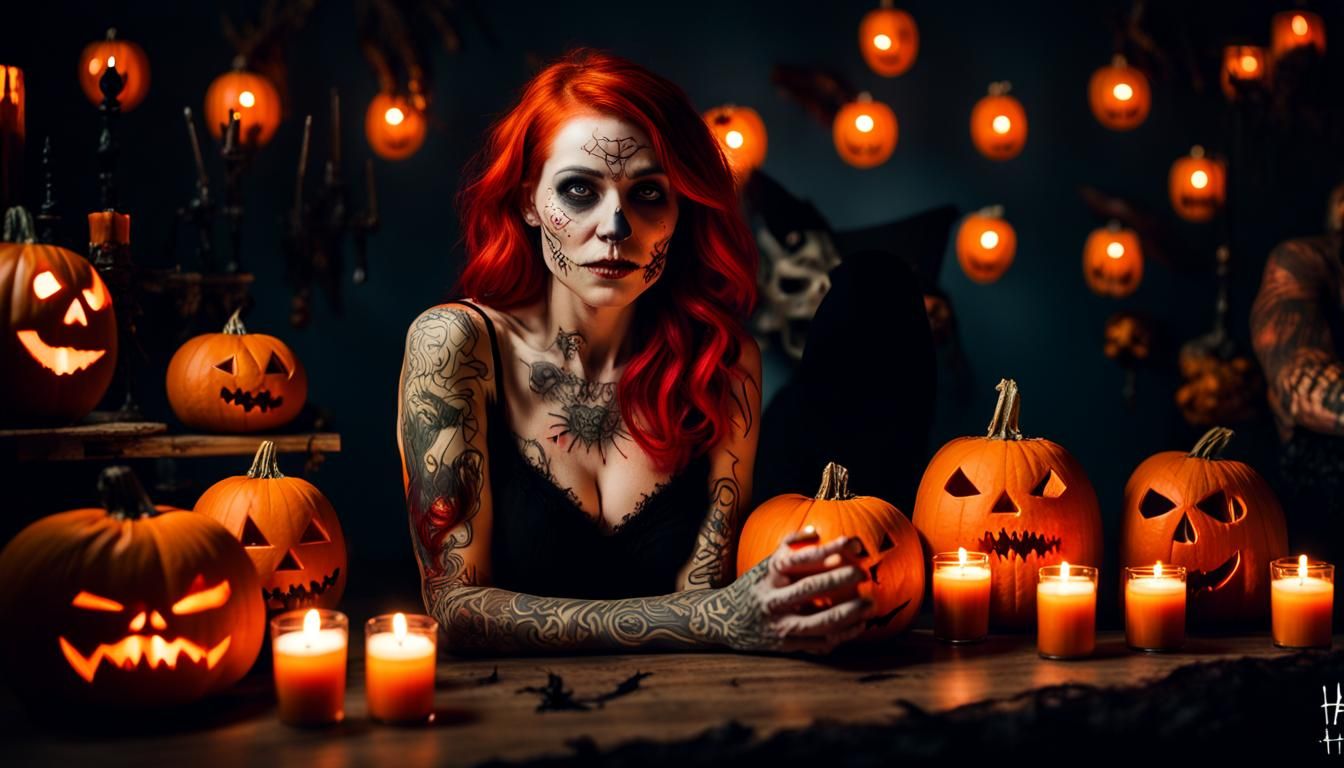 Halloween Zombie Woman Embraces Skeleton in Dark Room