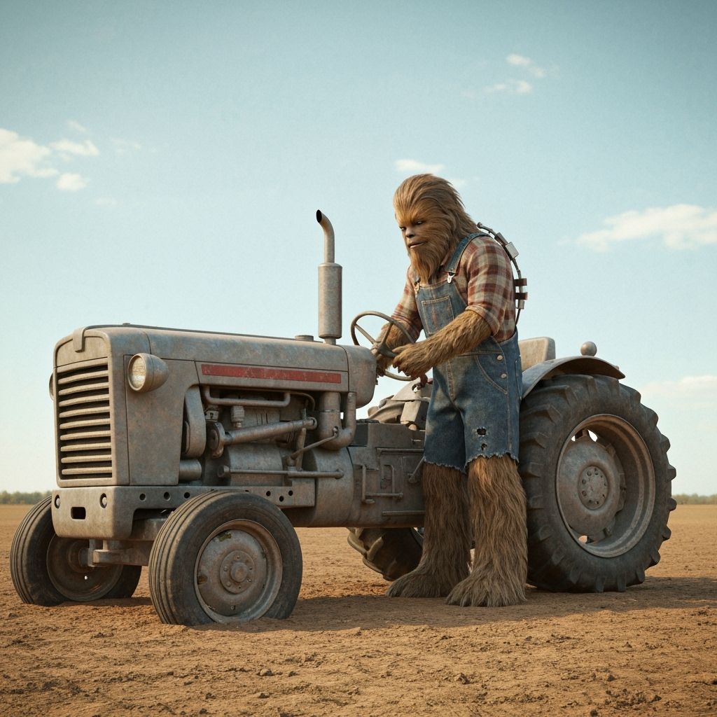 Wookiee Fixes Retro Tractor in Dusty Field