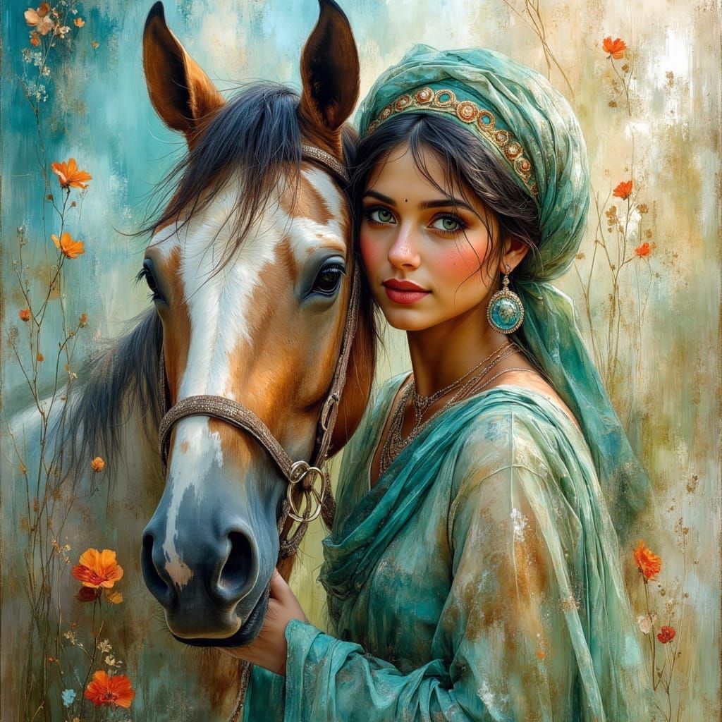 Bedouin Woman and Appaloosa Horse Oil Painting