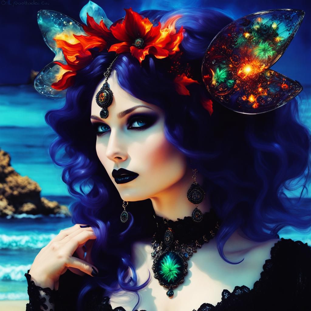 Gothic Fairy on Burning Beach: Surreal Alcohol Ink Art
