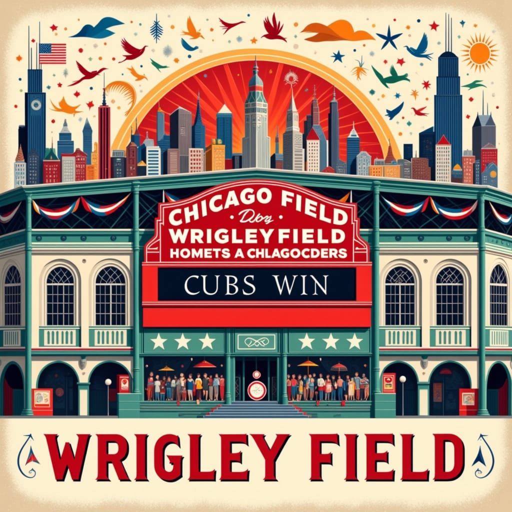 Stylized Wrigley Field in Vibrant Red and Blue Tones
