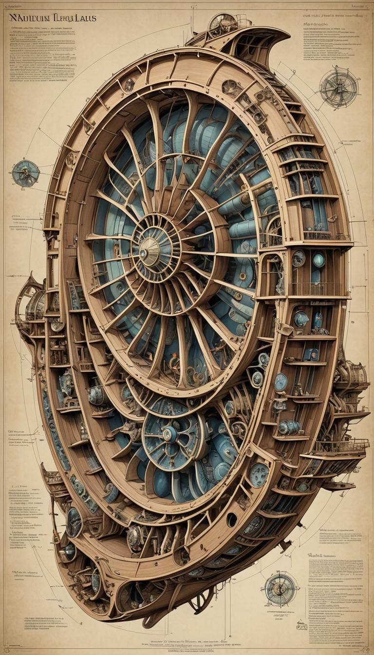 technical illustration of the Nautilus from Twenty Thousand Leagues Under the Sea, showcasing a cutaway design