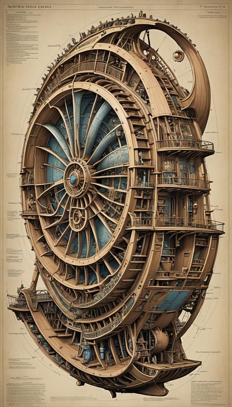 technical illustration of the Nautilus from Twenty Thousand Leagues Under the Sea, showcasing a cutaway design
