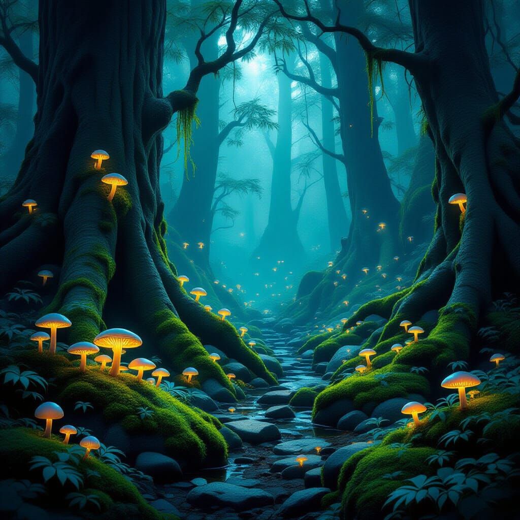 Glowing Fungi Light Forest Clearing in Realistic Fantasy Sty...