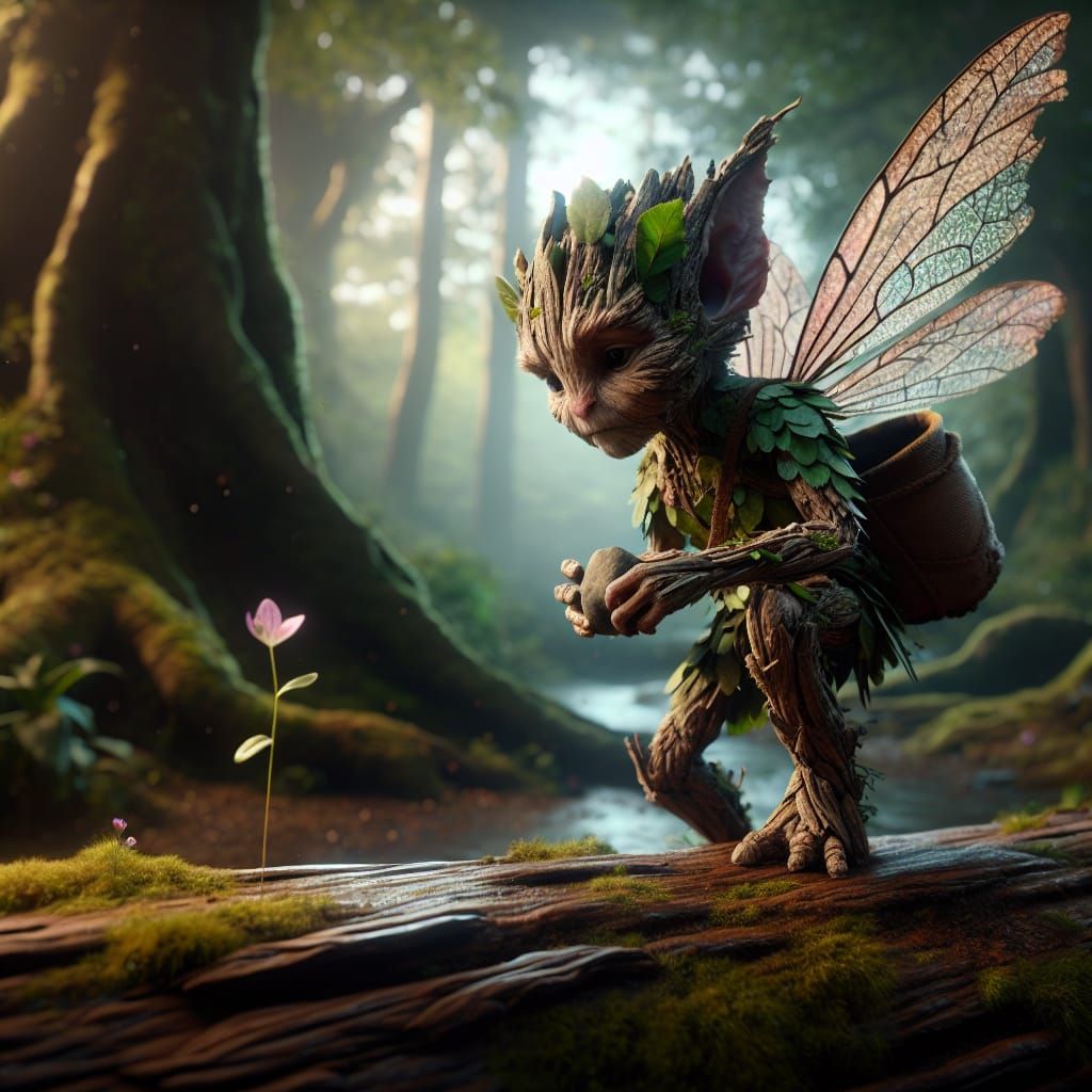 Pensive Bark-skinned Fairy Admiring Forest Flower