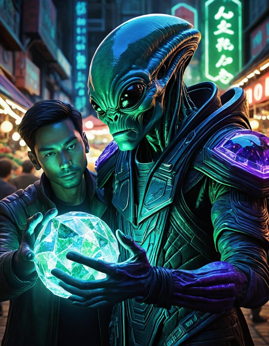 Alien Merchant Haggles Over Crystal: Sci-Fi Illustration