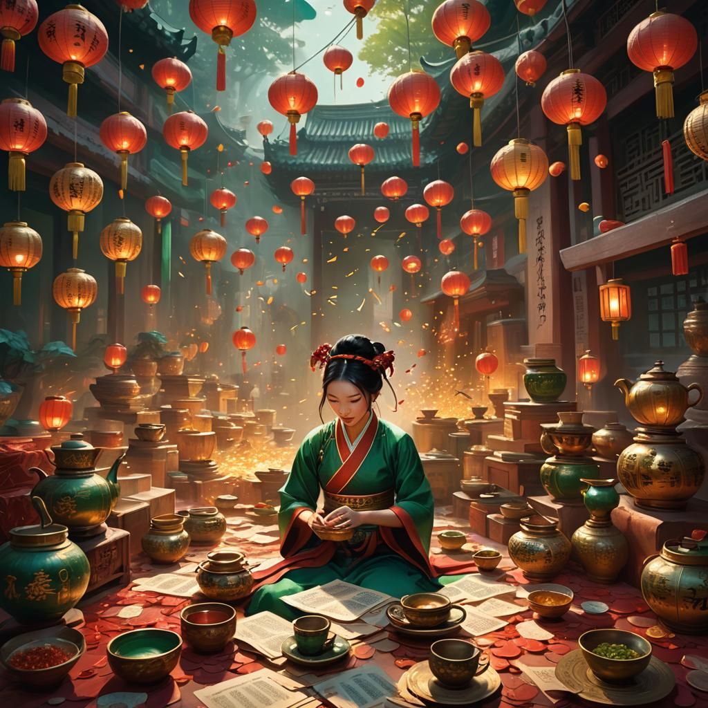 Chinese Girl Counting Notes in Fantasy Art Style