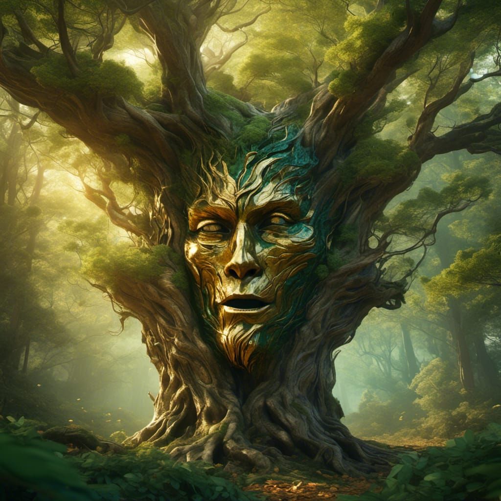 Tree Face Blows Wind in Hyperrealistic Forest