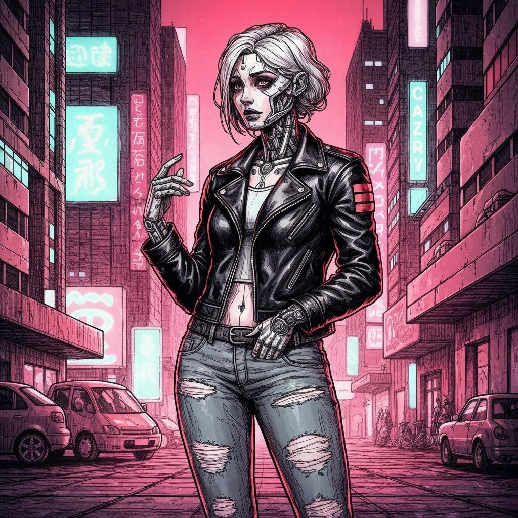 Cyberpunk Wasp Girl in Ink and Charcoal Style