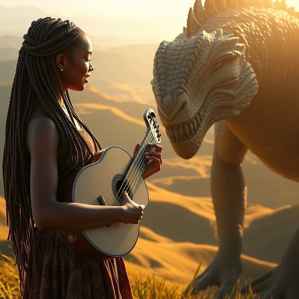 Woman Calms Monster with Music on Hill