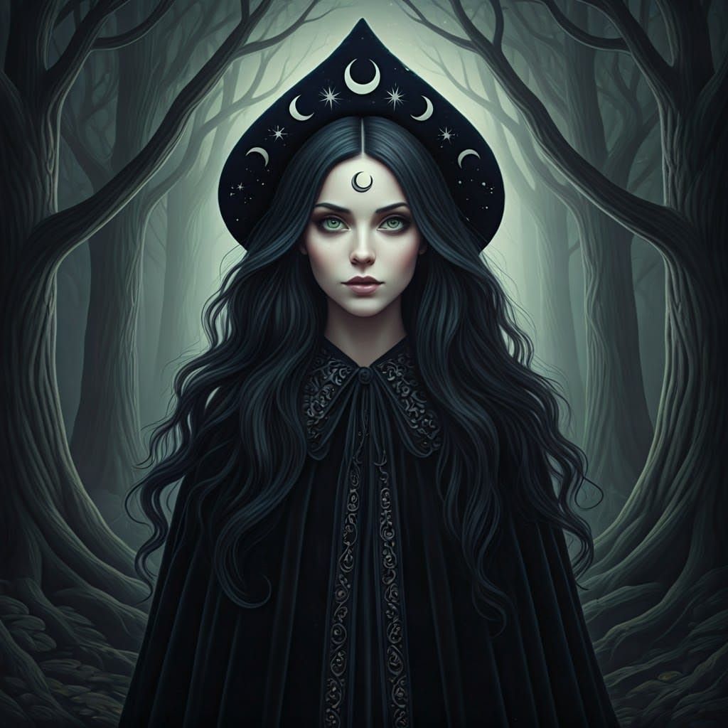 Mystical Witch in Moonlit Forest, Ethereal Digital Art