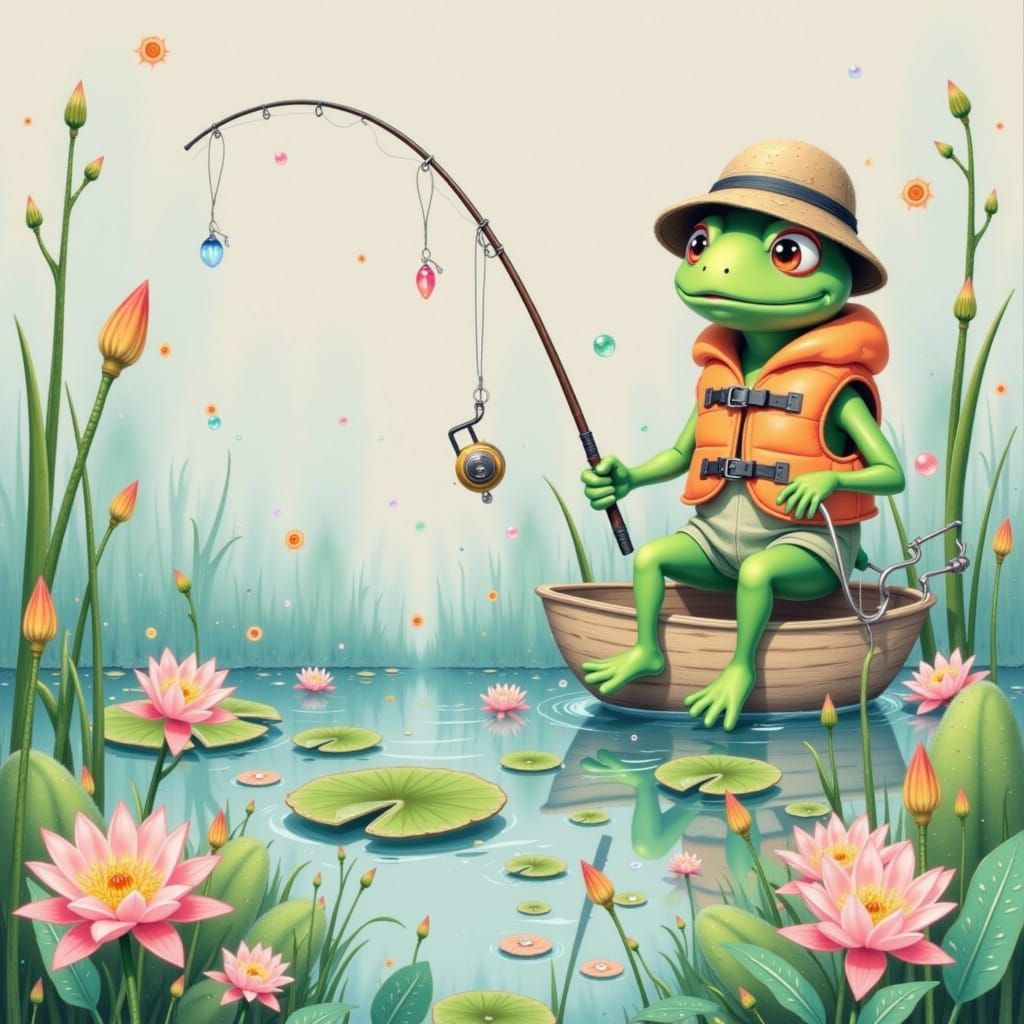 Kermit the Frog Fishing in Pond, Kidcore Watercolor