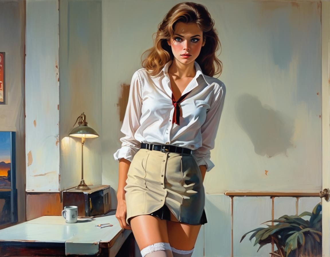 Pensive Woman at Sunset Motel, Oil Painting