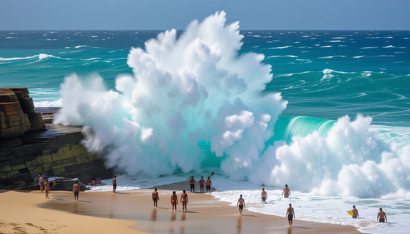 Wave Surges Towards Swimmers on Beach