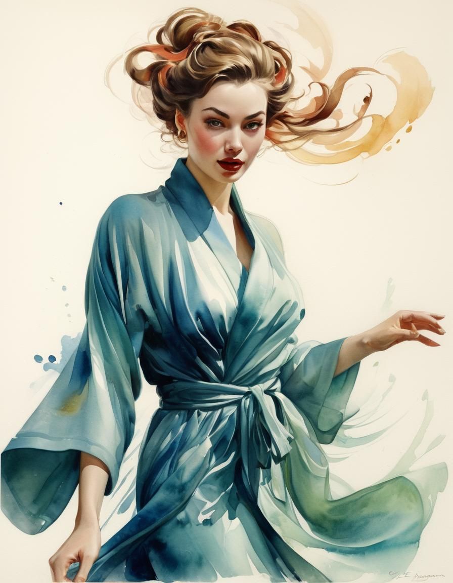 Elegant Woman in Swirling Robes, Pin-Up Style Portrait