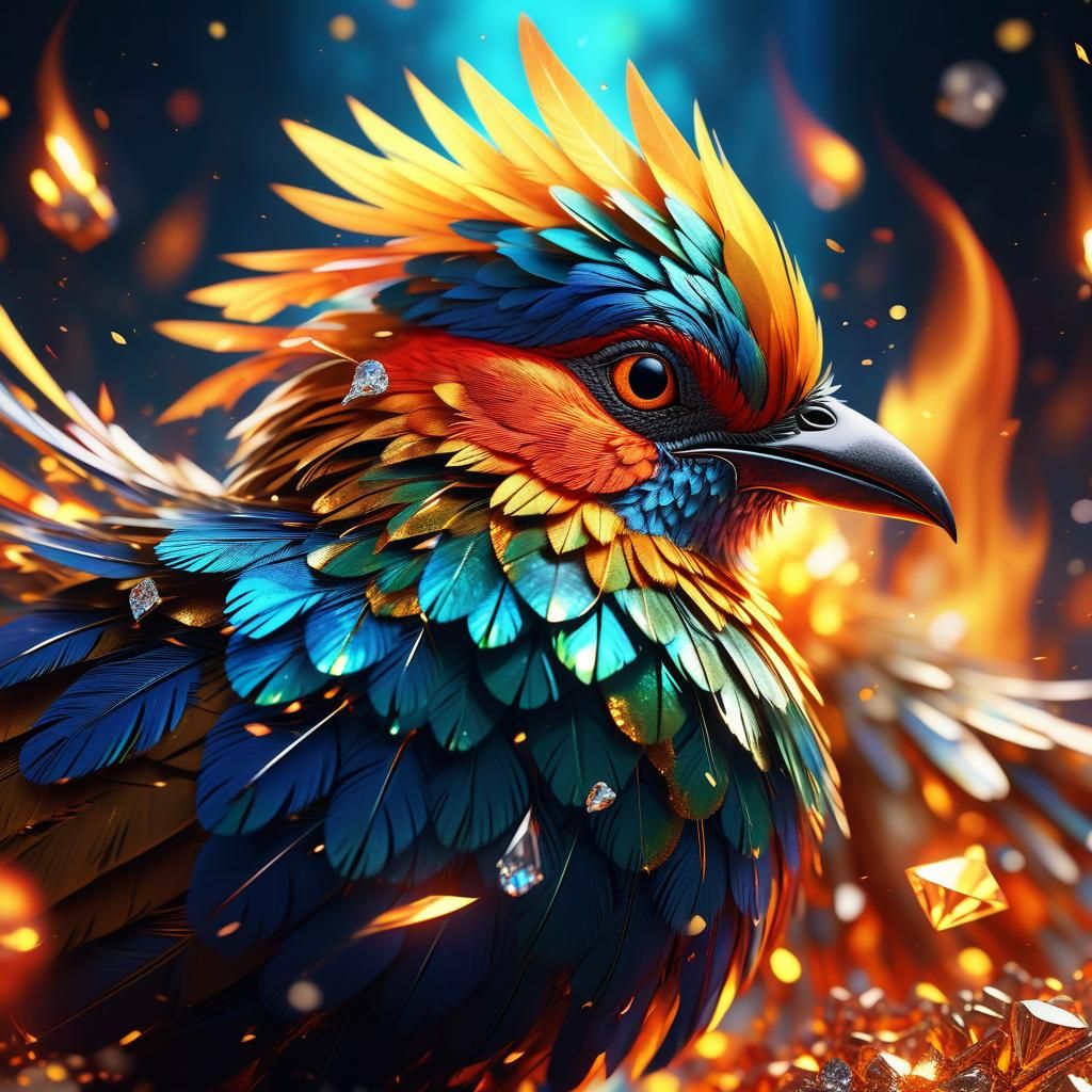 Magical Bird's Fiery Diamond Dance: Vivid Digital Art