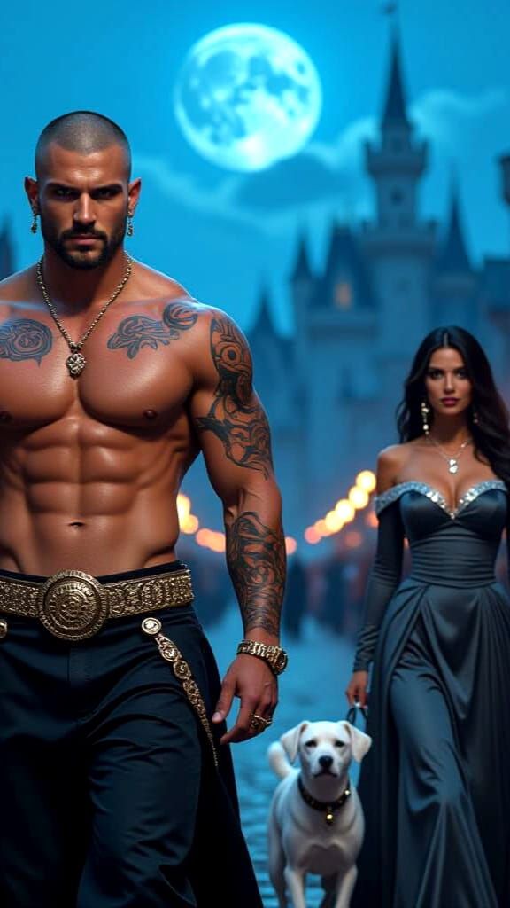 Tattooed Man at Carnival Under Blue Moon