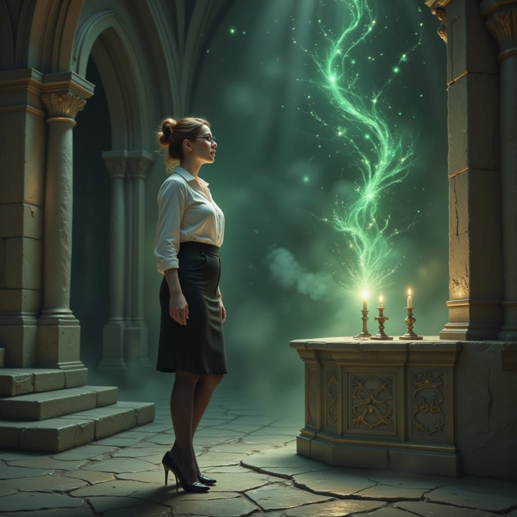 Scholarly Woman in Ancient Church with Magical Sigils