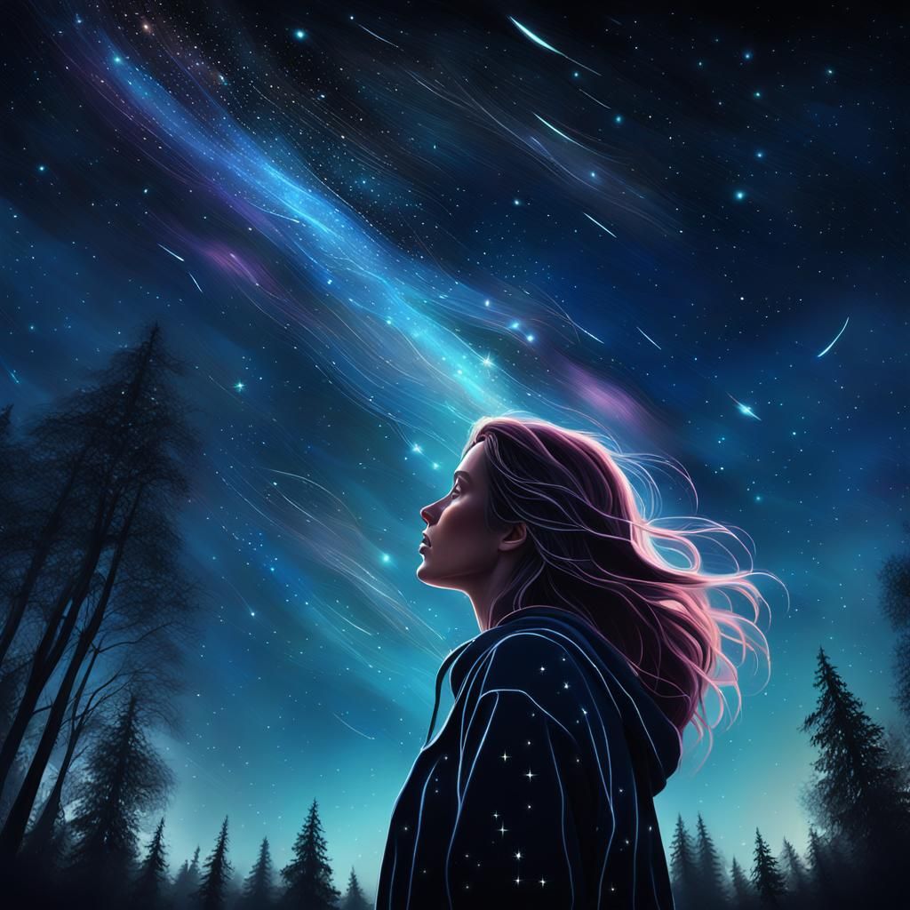 Woman Stargazing in Vibrant Digital Painting
