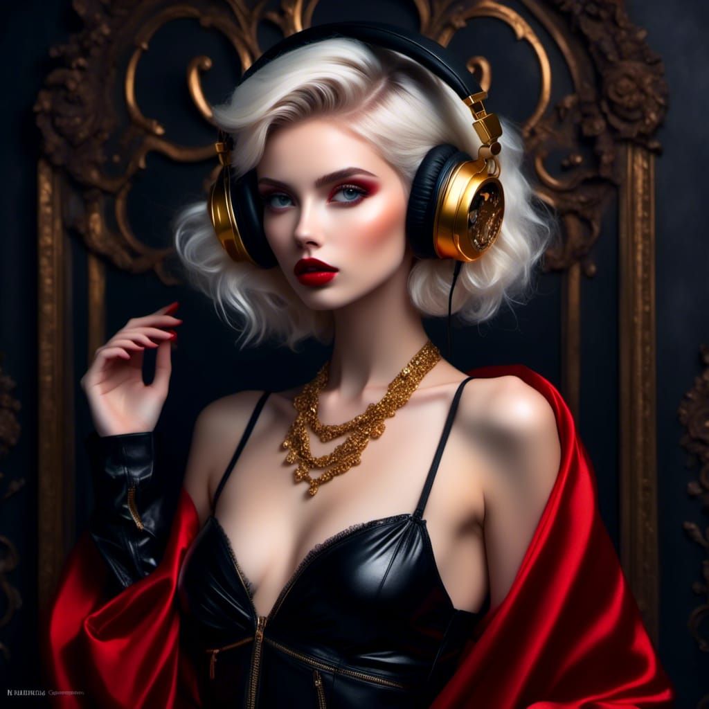 Elegant Noir Woman with Headphones: Gothic Portrait