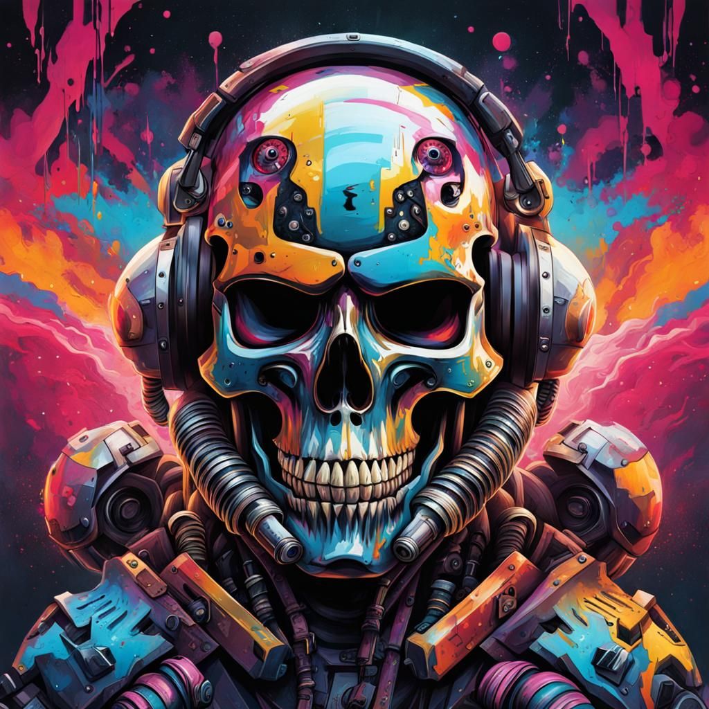 Cyborg Skull Graffiti Art in Street Style