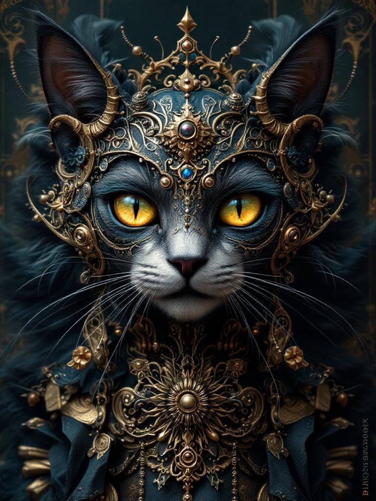 Ornate Steampunk Cat in Dark Fantasy Style