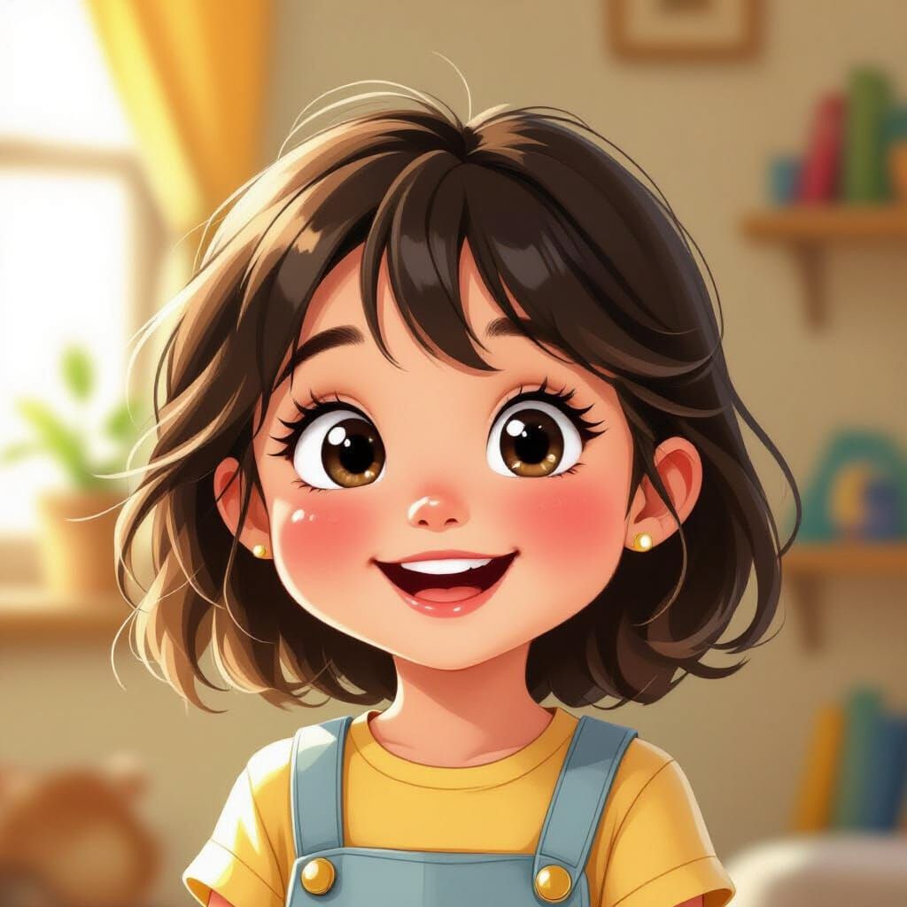 Whimsical Storybook Illustration of a Joyful Girl