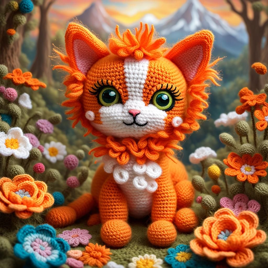 Crocheted Kitten Doll in Fairy Forest