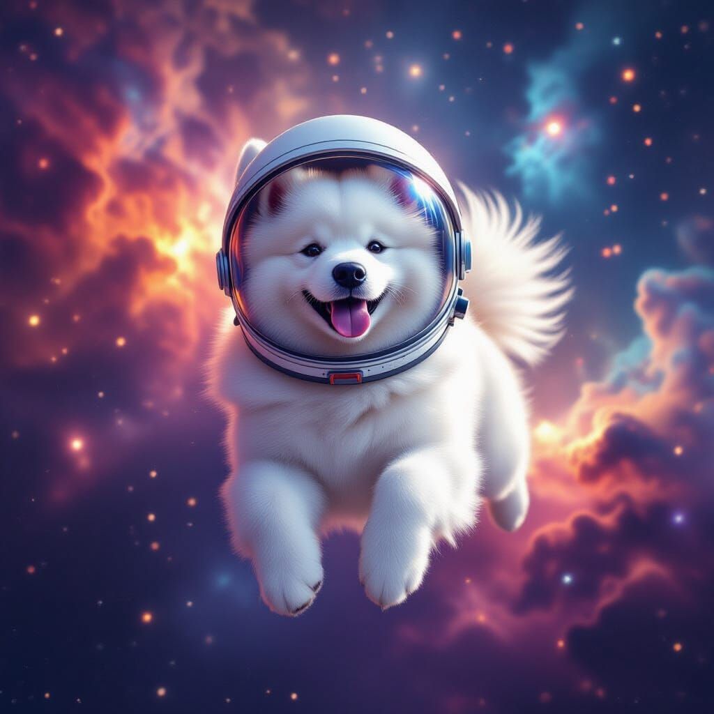 Fluffy Samoyed Dog in Space with Astronaut Helmet