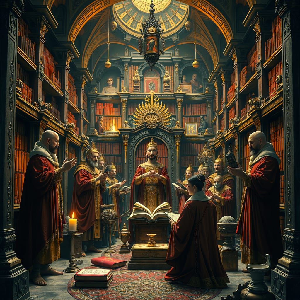 People Worshiping Knowledge in Mystical Library