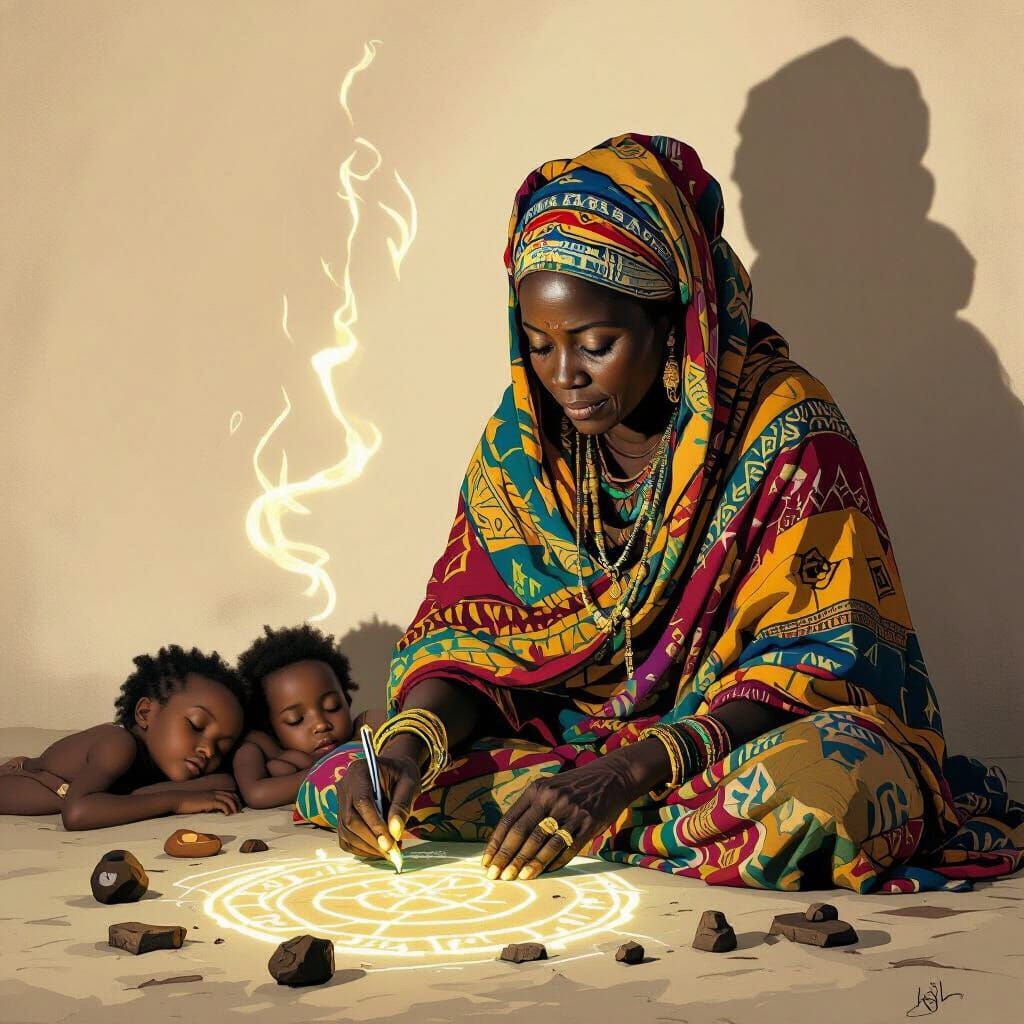 Mama Jinja Draws Glowing Runes: Eerie Mystical Art