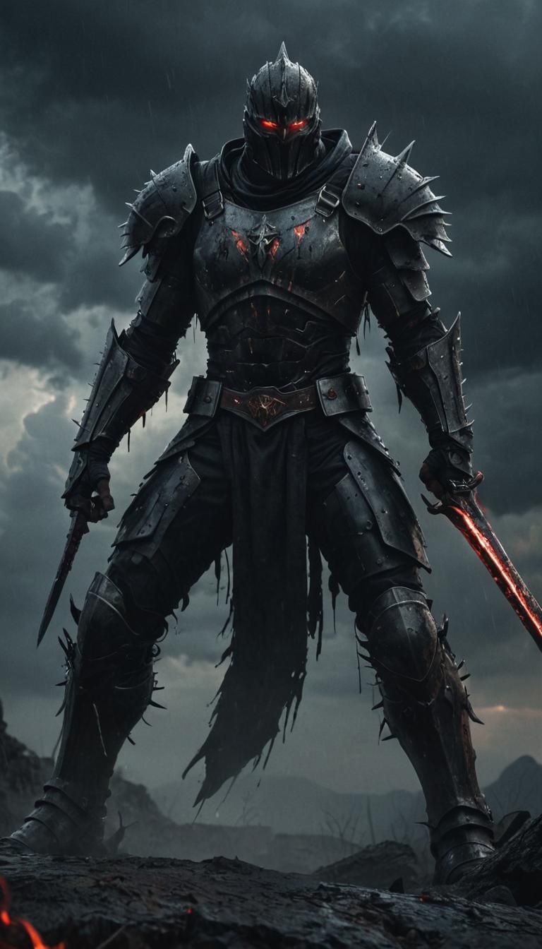 Dying Warrior in Dark Armor on Battlefield