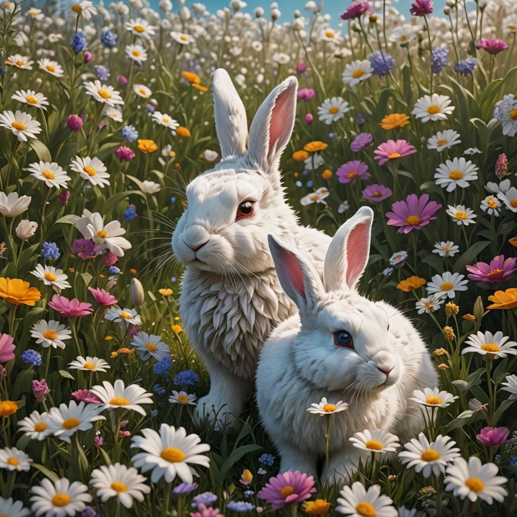 Fluffy White Bunny in a Flower Field
