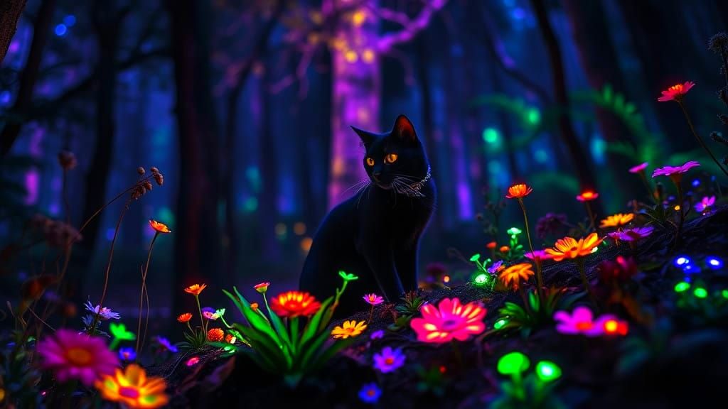 Enchanted Forest Cat in Vibrant Fluorescent Light