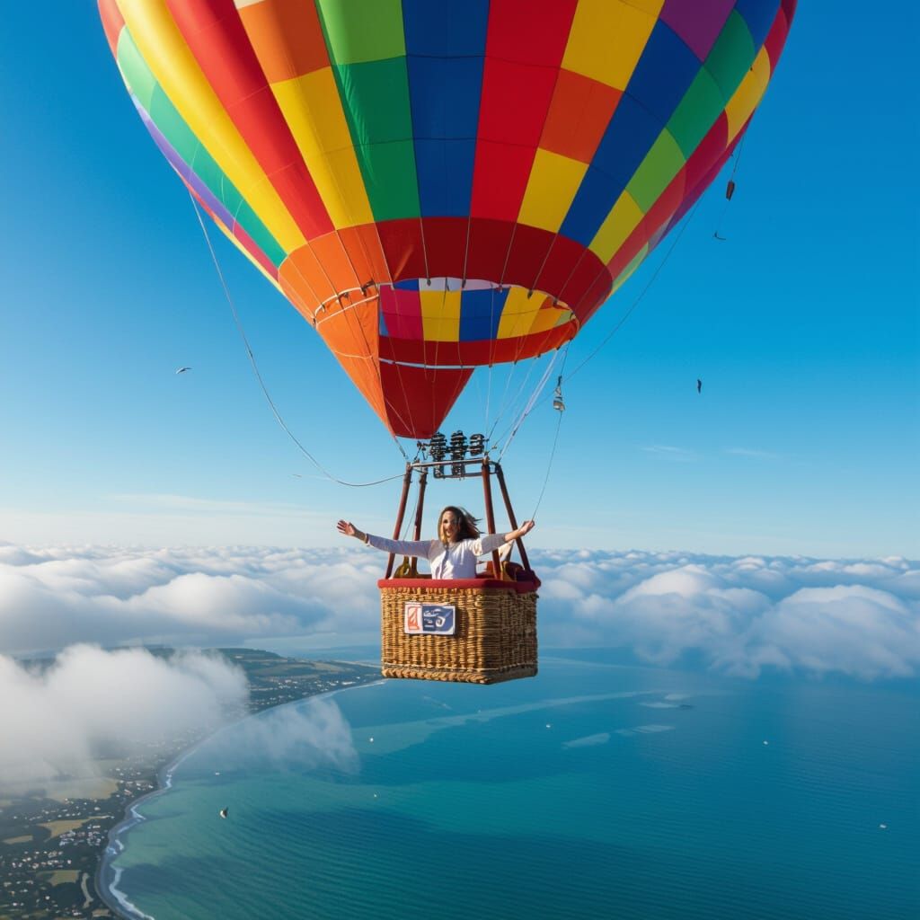 Girl Flying with Balloons Above the Sea