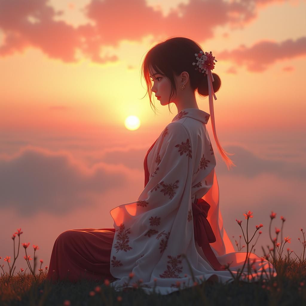 Sunset Serenity: Woman in Japanese Anime Style