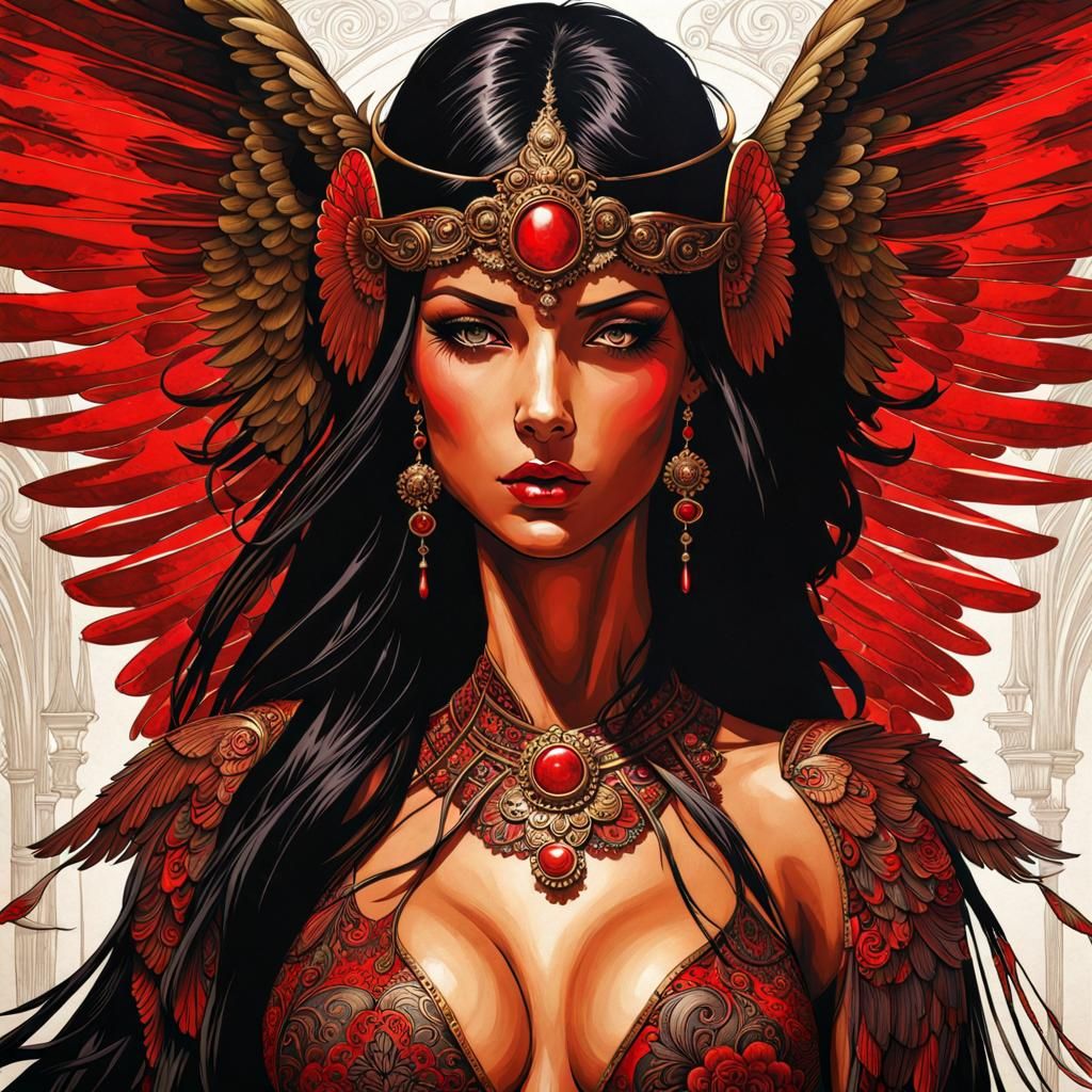 Beautiful Angel with Red Patterns in Gothic Art Style