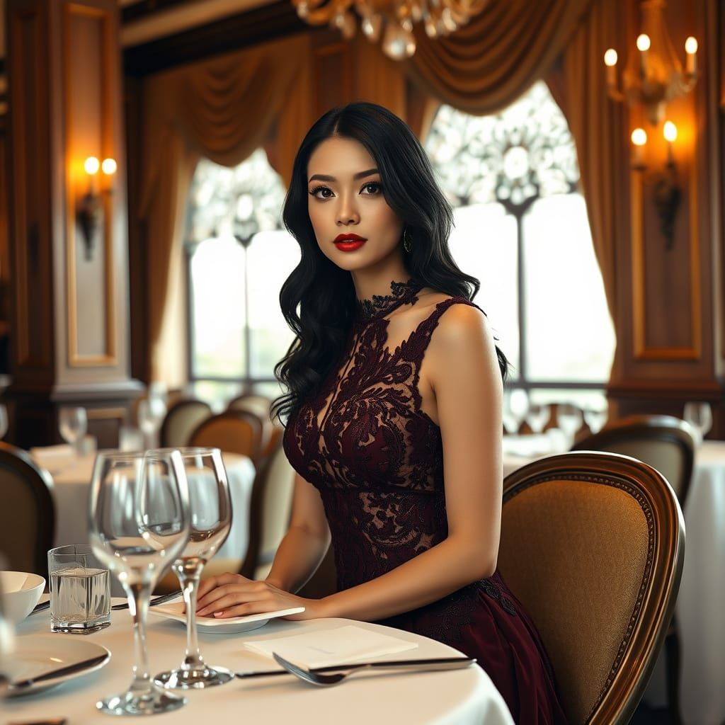 Elegant Woman in Art Nouveau Inspired Restaurant Setting