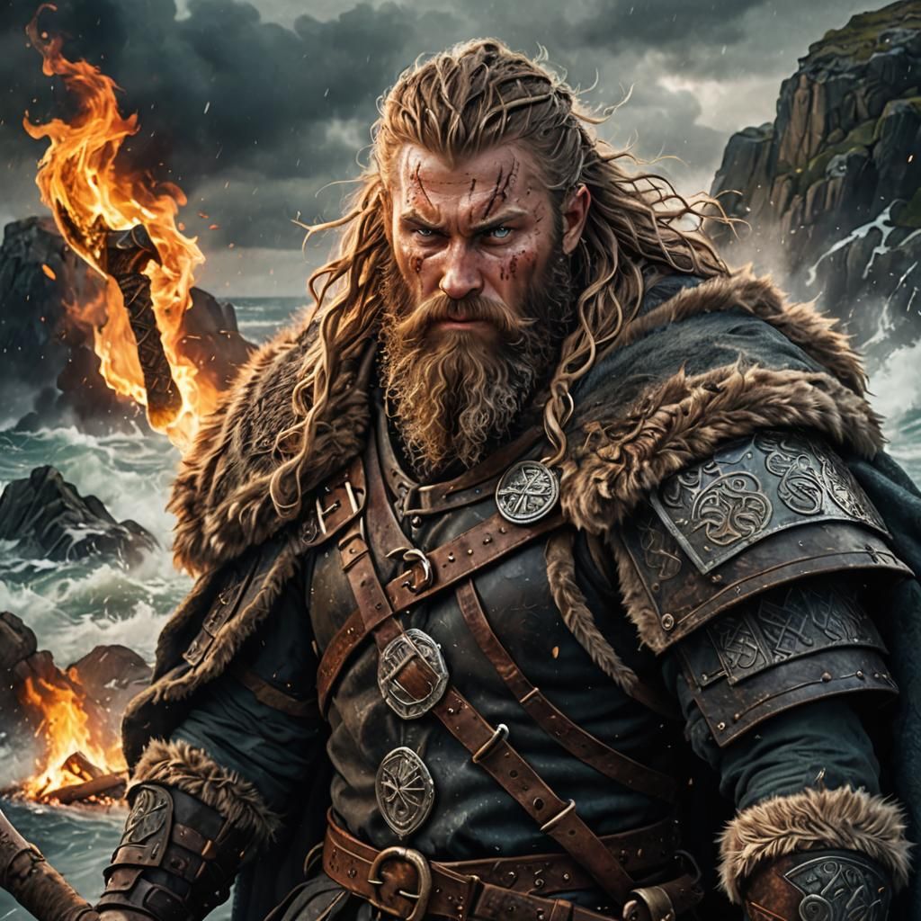 Viking Raider with Axe: Epic Digital Matte Painting