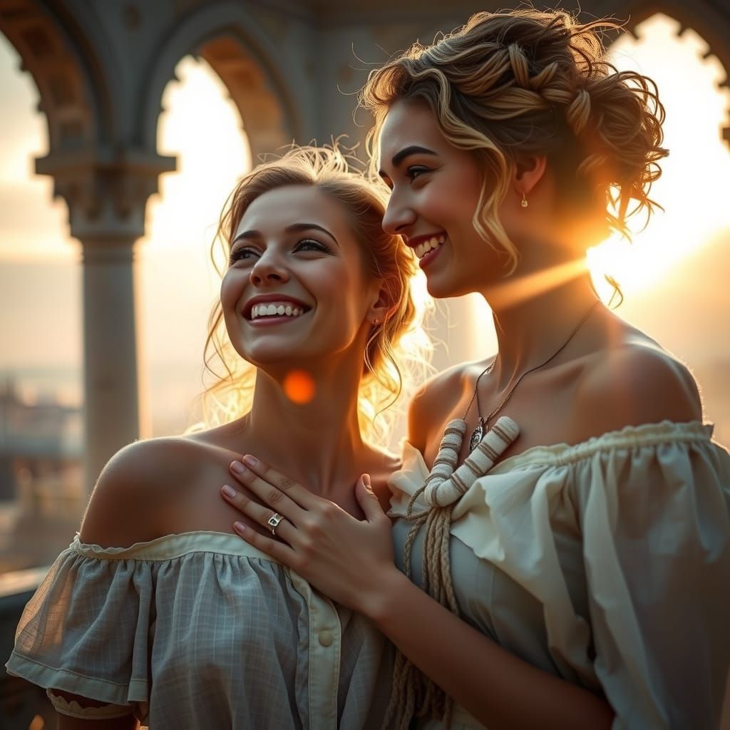 Noblewomen in Sunlit Castle Skycourt, Photorealistic