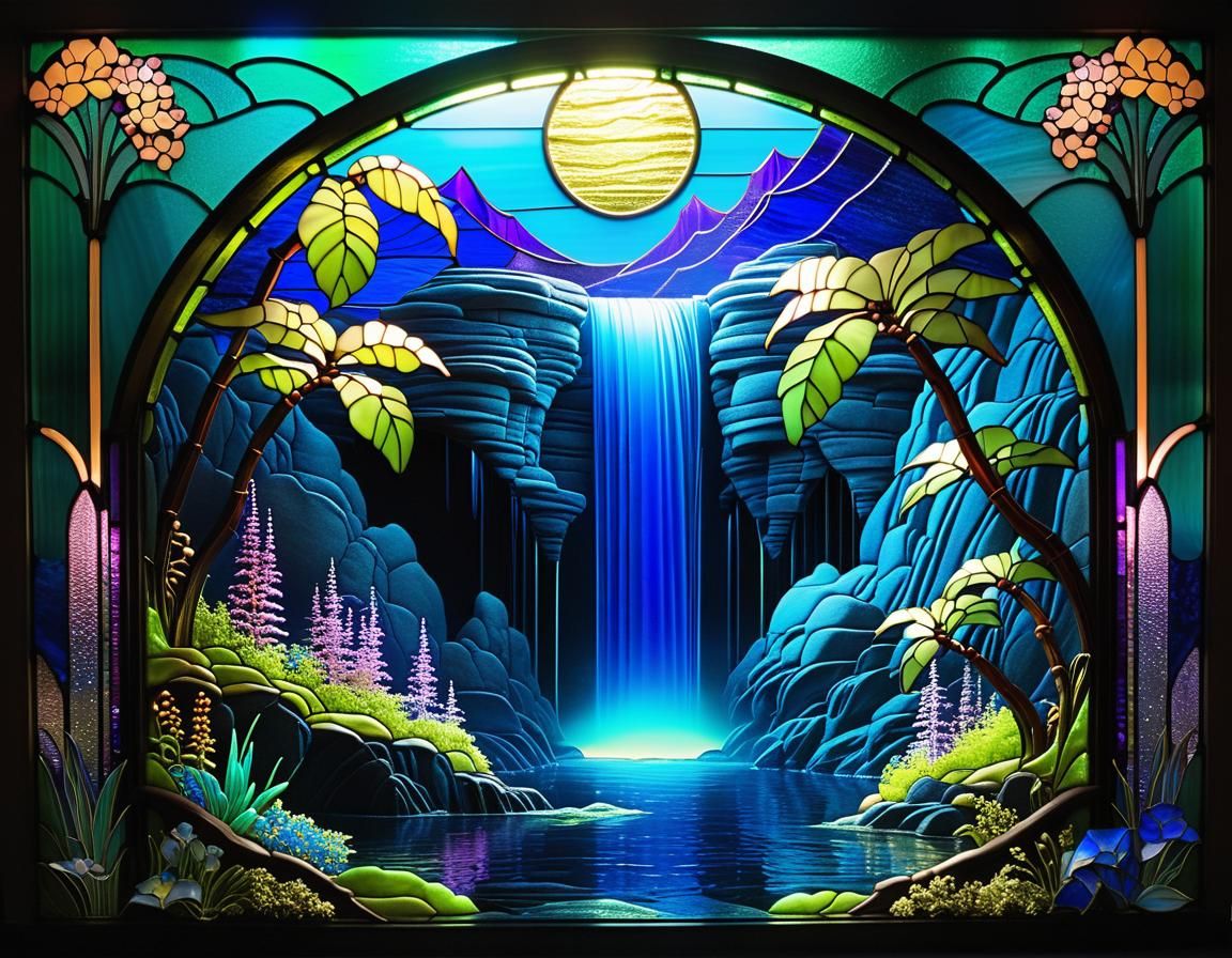 Bioluminescent Stained Glass Waterfall in Space