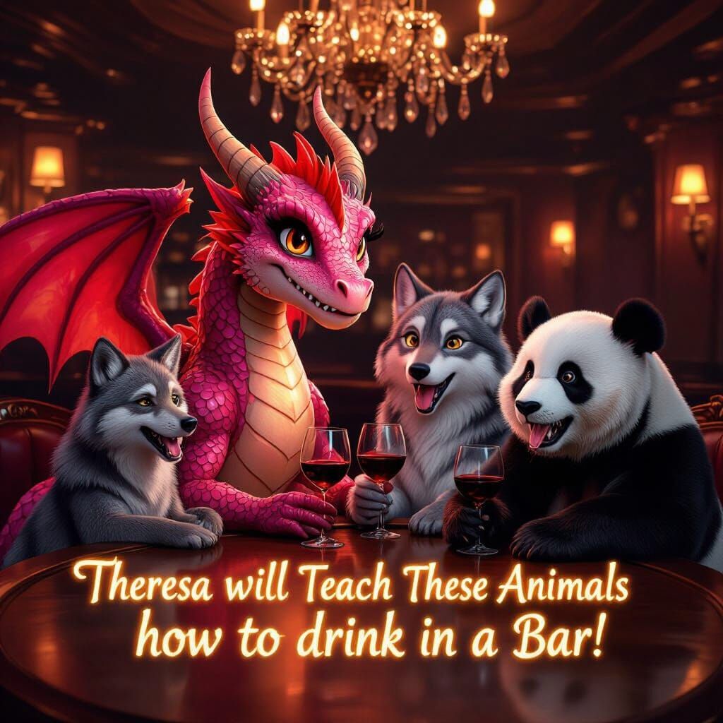 Dragon, Wolf, and Panda Enjoying Drinks at a Bar