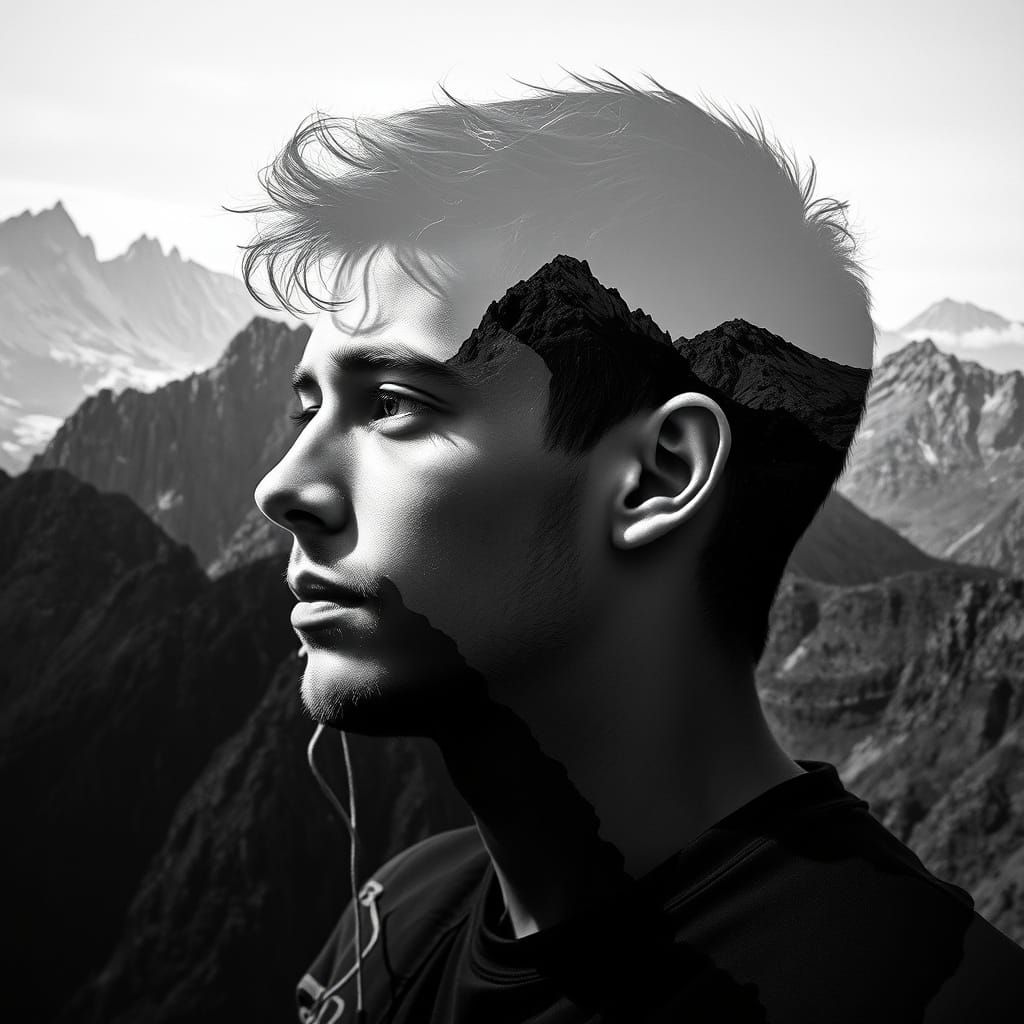 Striking Double Exposure Portrait with Mountain Landscape