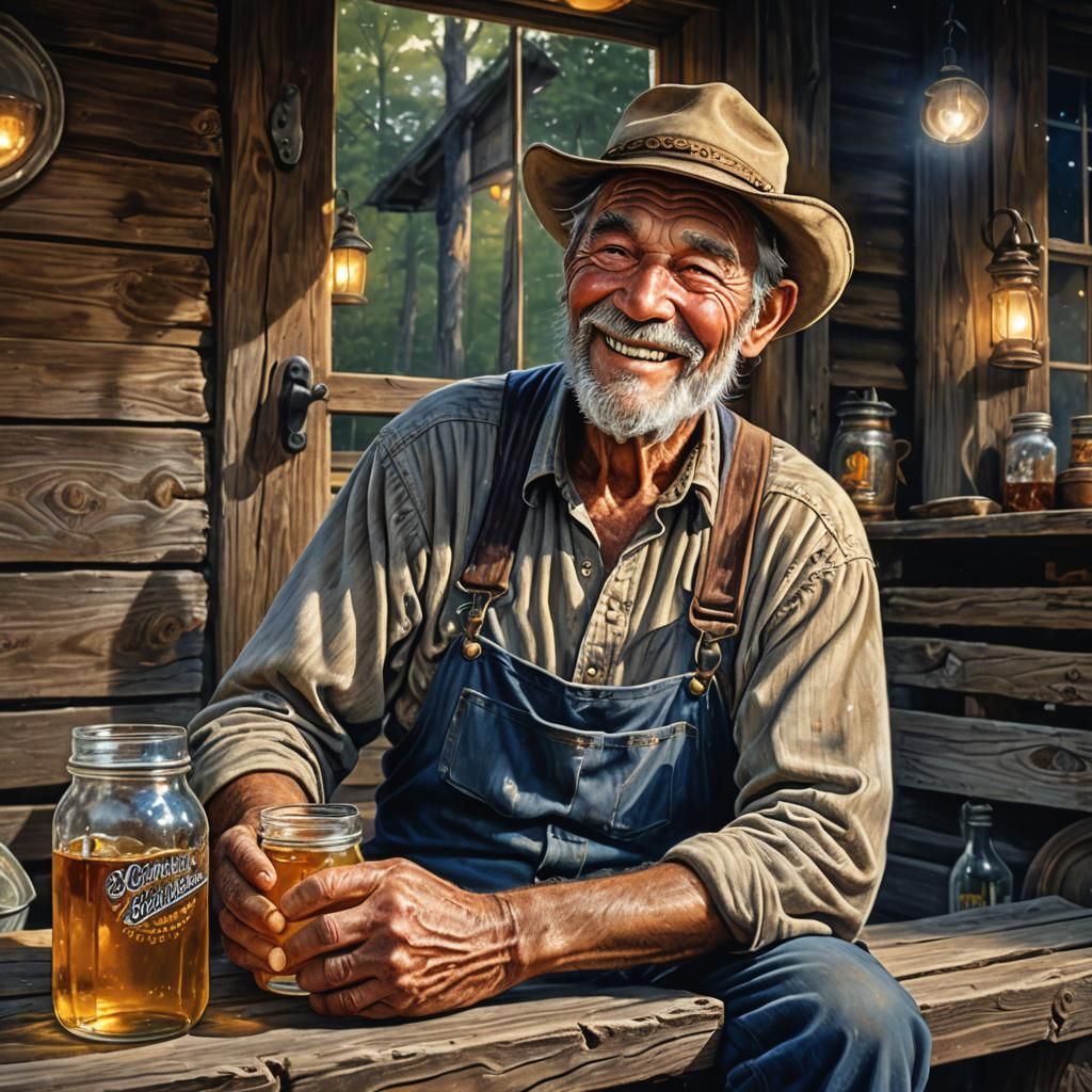 Smiling Moonshiner Enjoying His Shine, Hyperrealistic Splash...
