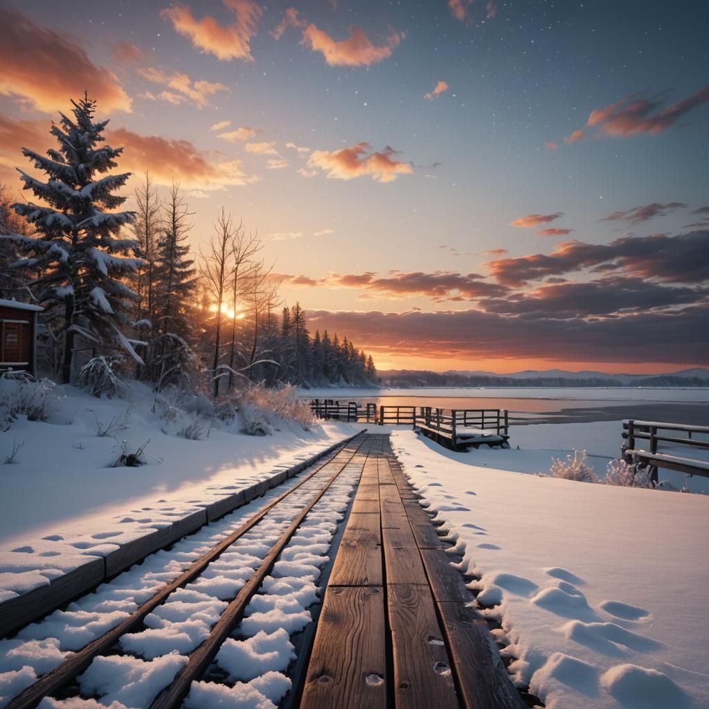 Snowy Sunset Pier in Hyperrealistic Style