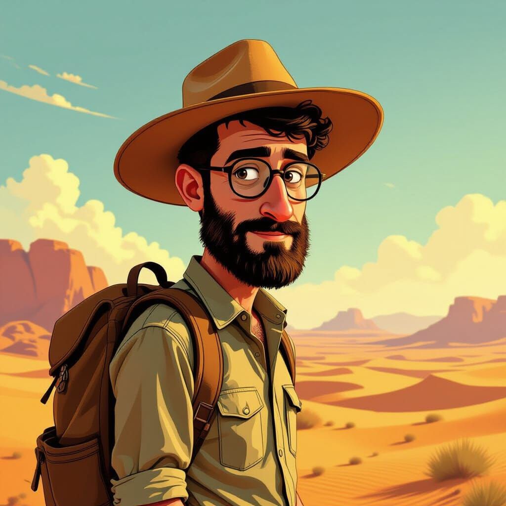 Israeli Srulik in Desert Landscape, Futuristic Art Style